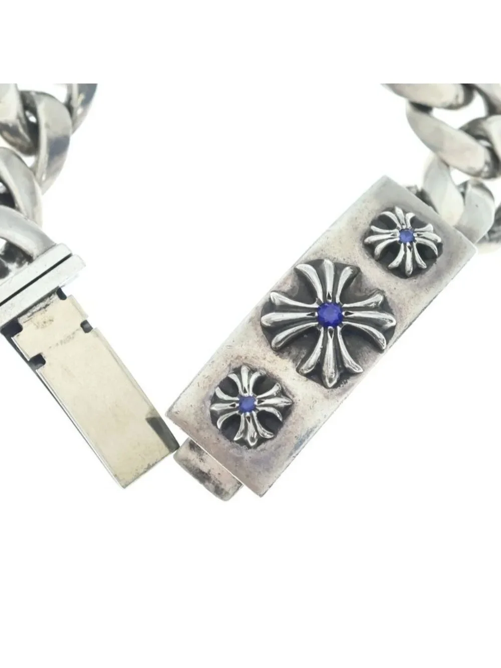 Chrome Hearts Plus ID Blue Sapphire Silver Chain Bracelet
